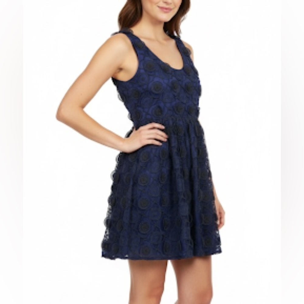 Jill Stuart Collection Silk Cocktail Mini Dress Embroidered Lace Applique Navy
